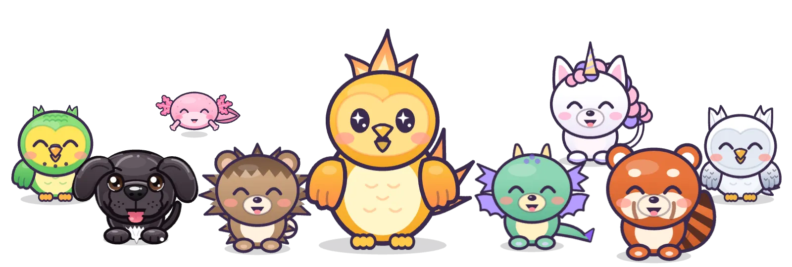 A golden phoenix stands in the middle of a crowd of happy creatures: a budgie, axolotl, kitten, hedgehog, baby dragon, unicorn, red panda and snow owl