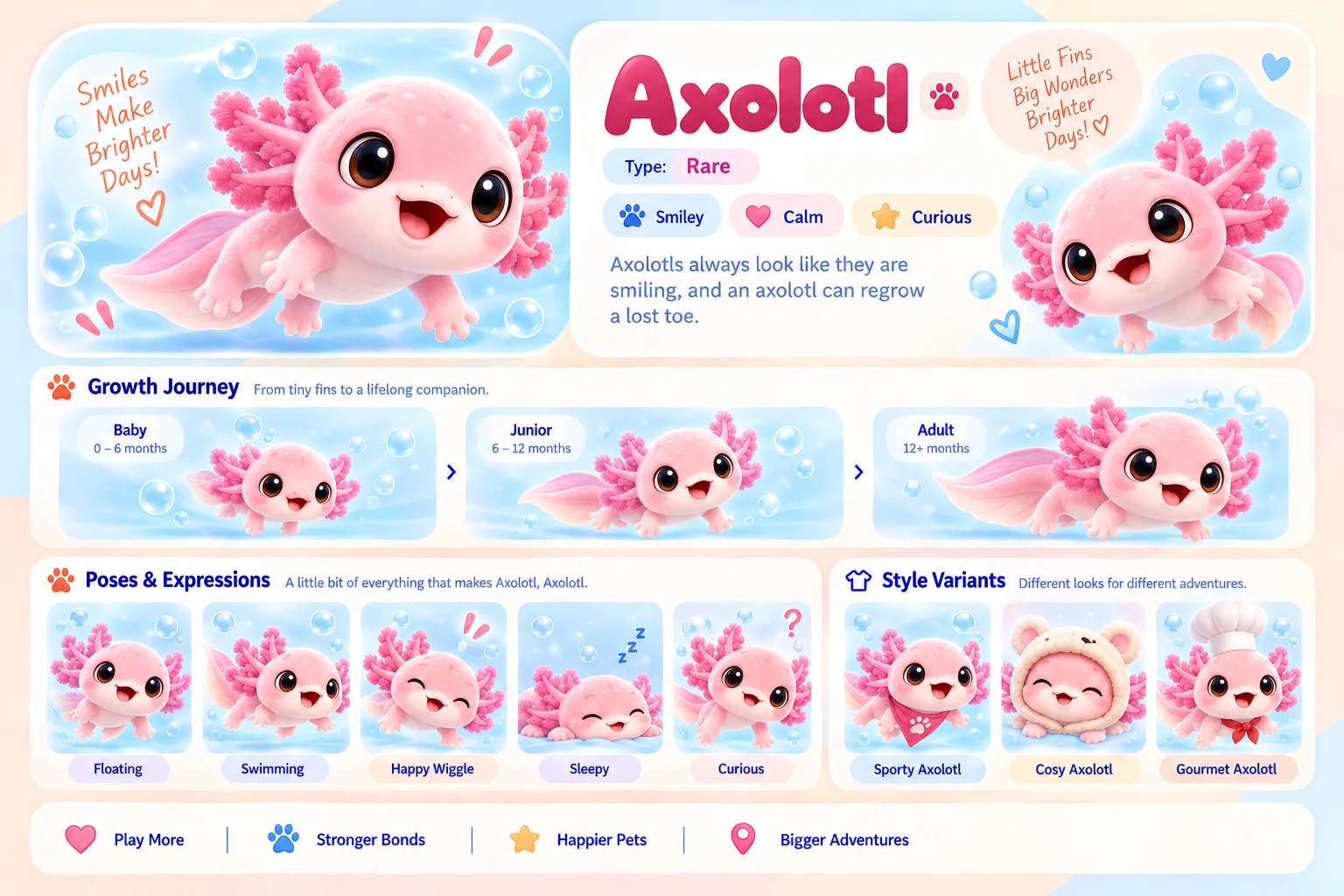 Axolotl's character sheet: how it grows from baby to adult, five poses and its Sporty, Cosy and Gourmet looks
