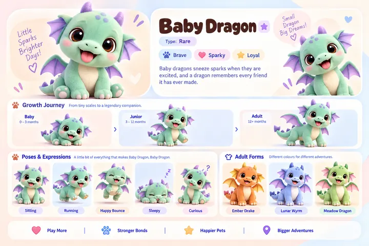 Baby Dragon's character sheet: how it grows from baby to adult, five poses and its three adult forms, Ember Drake, Lunar Wyrm and Meadow Dragon