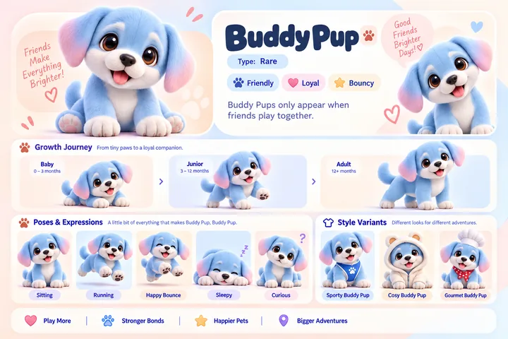 Buddy Pup's character sheet: how it grows from baby to adult, five poses and its Sporty, Cosy and Gourmet looks