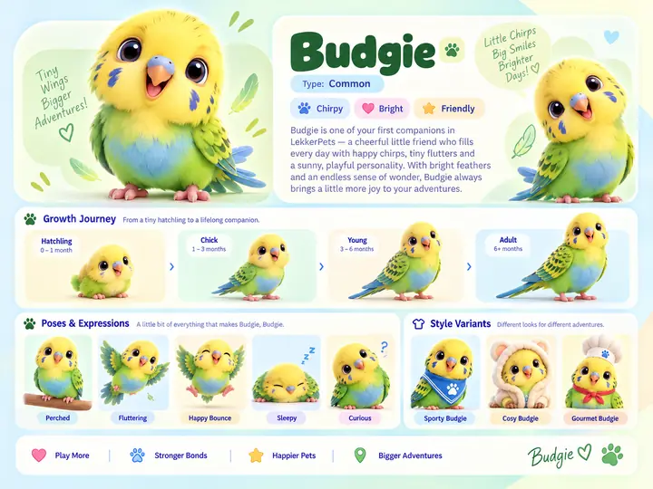 Budgie's character sheet: a yellow and green budgie, described as chirpy, bright and friendly, growing from hatchling to adult, in five poses and in its Sporty, Cosy and Gourmet looks