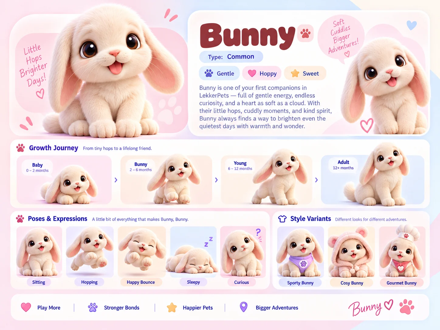 Bunny's character sheet: a cream lop-eared bunny, described as gentle, hoppy and sweet, growing from baby to adult, in five poses and in its Sporty, Cosy and Gourmet looks