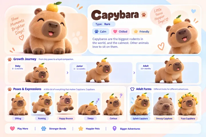 Capybara's character sheet: how it grows from baby to adult, five poses and its three adult forms, Splash Capybara, Snoozy Capybara and Yuzu Capybara