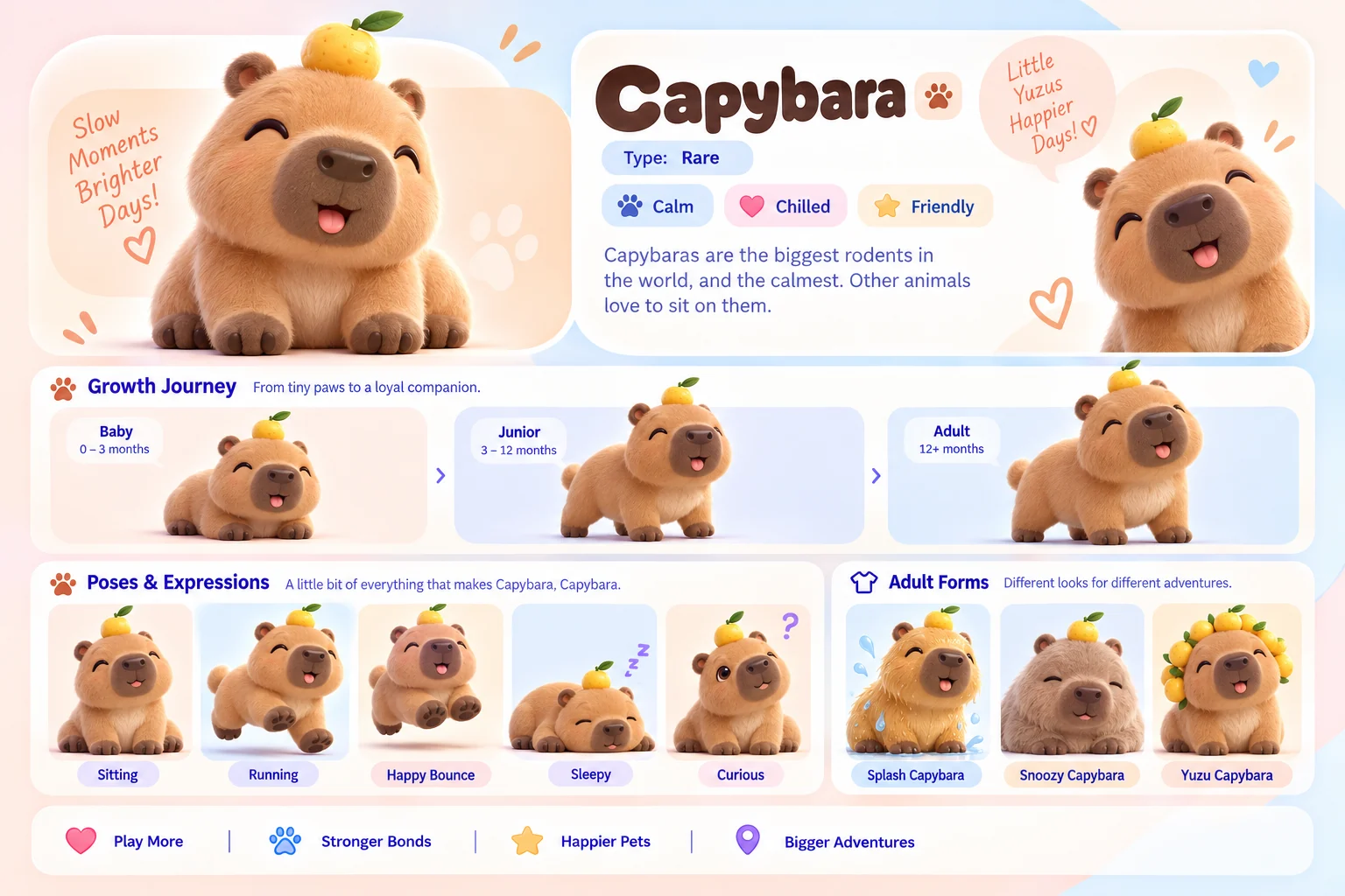 Capybara's character sheet: how it grows from baby to adult, five poses and its three adult forms, Splash Capybara, Snoozy Capybara and Yuzu Capybara