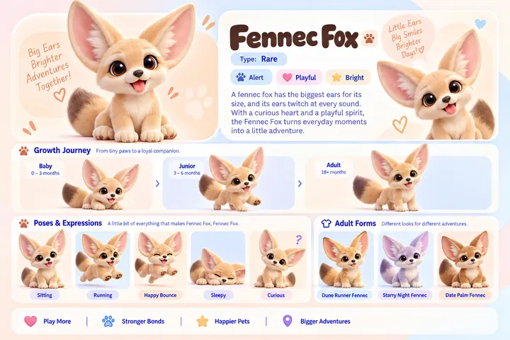 Fennec Fox's character sheet: how it grows from baby to adult, five poses and its three adult forms, Dune Runner Fennec, Starry Night Fennec and Date Palm Fennec
