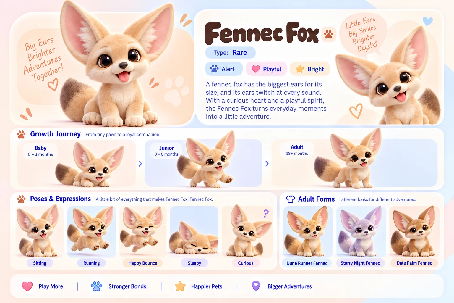 Fennec Fox's character sheet: how it grows from baby to adult, five poses and its three adult forms, Dune Runner Fennec, Starry Night Fennec and Date Palm Fennec