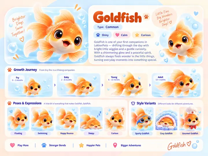 Goldfish's character sheet: an orange goldfish with flowing fins, described as shiny, calm and curious, growing from fry to adult, in five poses and in its Sporty, Cosy and Gourmet looks