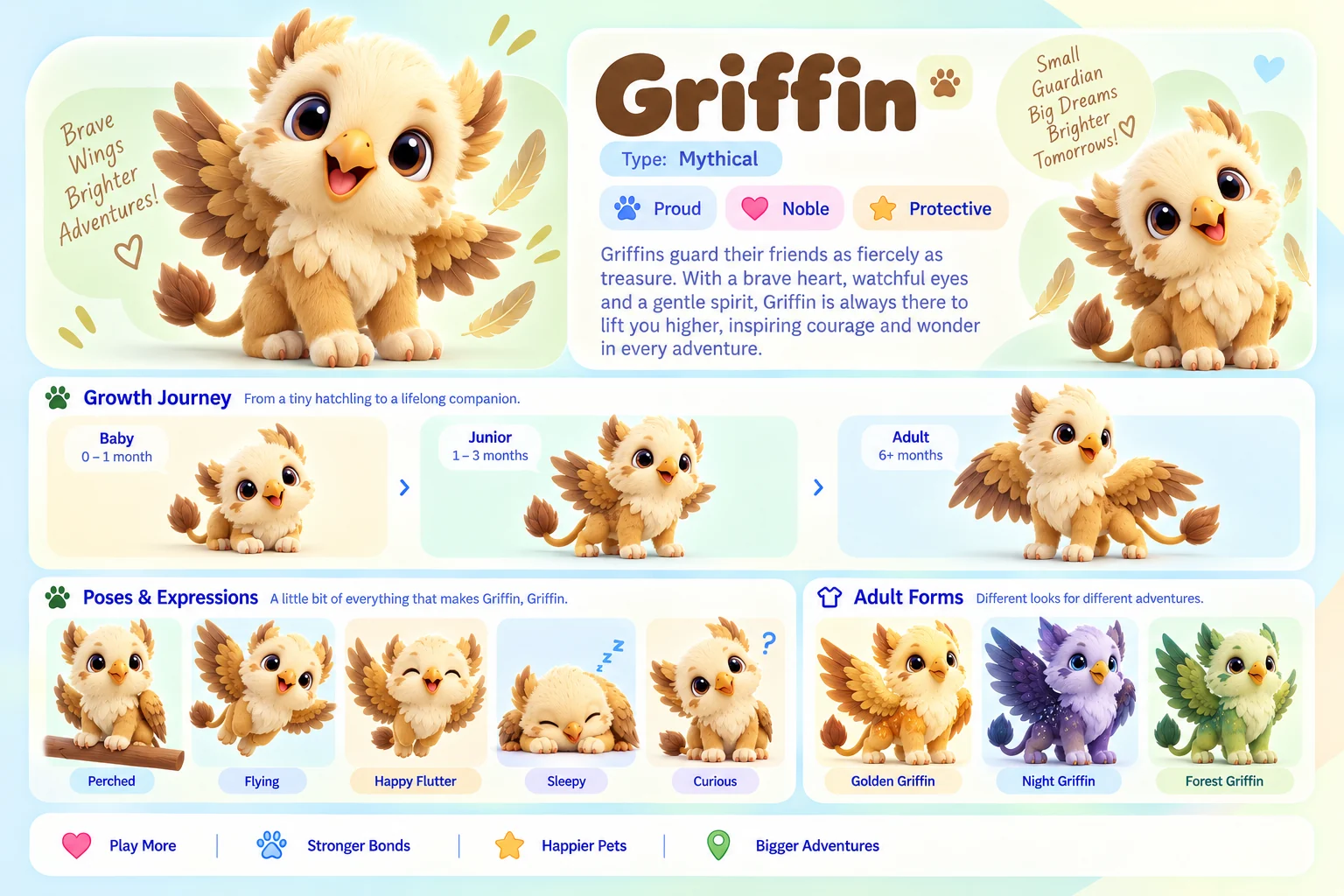 Griffin's character sheet: how it grows from baby to adult, five poses and its three adult forms, Golden Griffin, Night Griffin and Forest Griffin