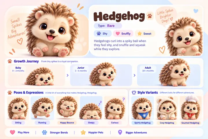 Hedgehog's character sheet: how it grows from baby to adult, five poses and its Sporty, Cosy and Gourmet looks