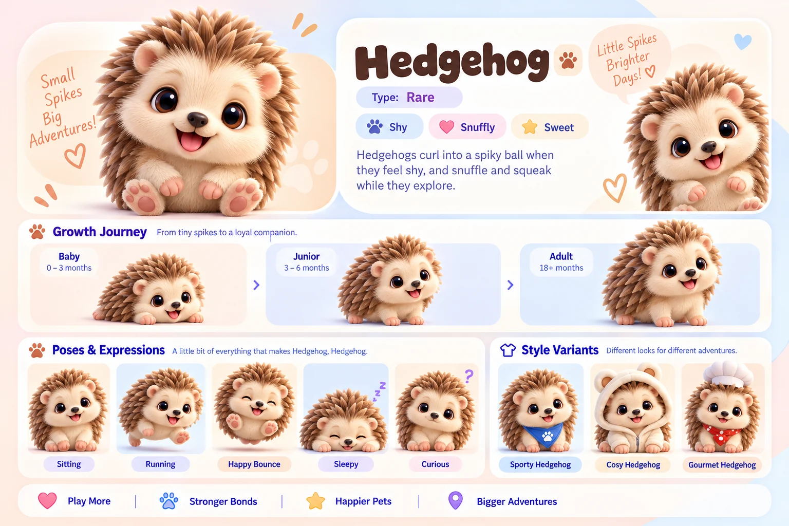 Hedgehog's character sheet: how it grows from baby to adult, five poses and its Sporty, Cosy and Gourmet looks