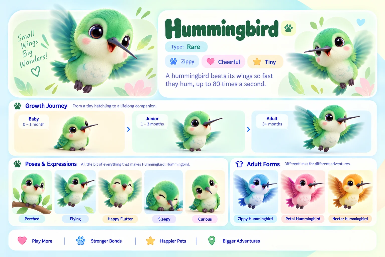 Hummingbird's character sheet: how it grows from baby to adult, five poses and its three adult forms, Zippy Hummingbird, Petal Hummingbird and Nectar Hummingbird