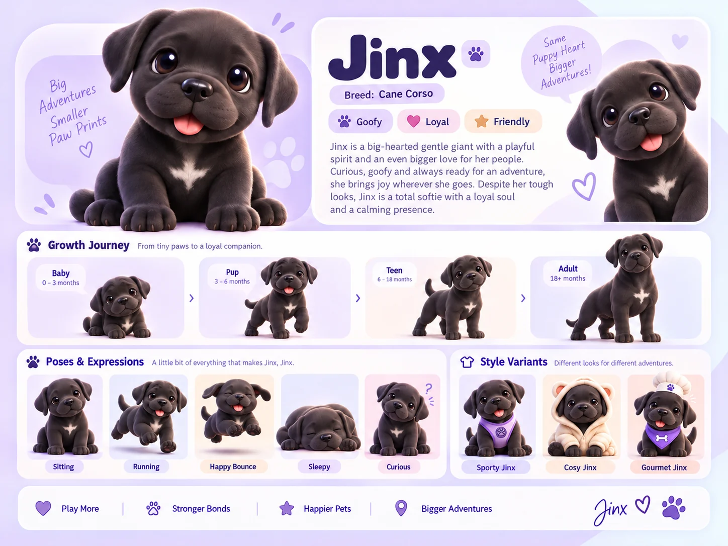 Jinx's character sheet: a black Cane Corso puppy with a white chest patch, described as goofy, loyal and friendly, growing from baby to adult, in five poses and in her Sporty, Cosy and Gourmet looks