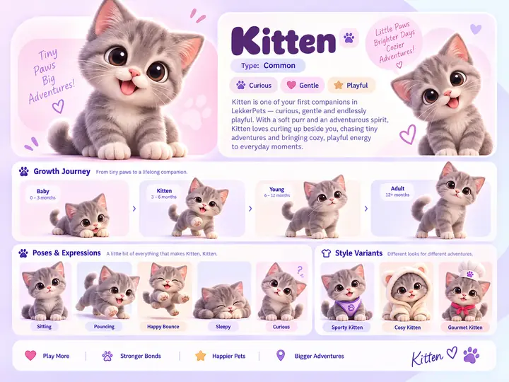 Kitten's character sheet: a grey tabby kitten, described as curious, gentle and playful, growing from baby to adult, in five poses and in its Sporty, Cosy and Gourmet looks