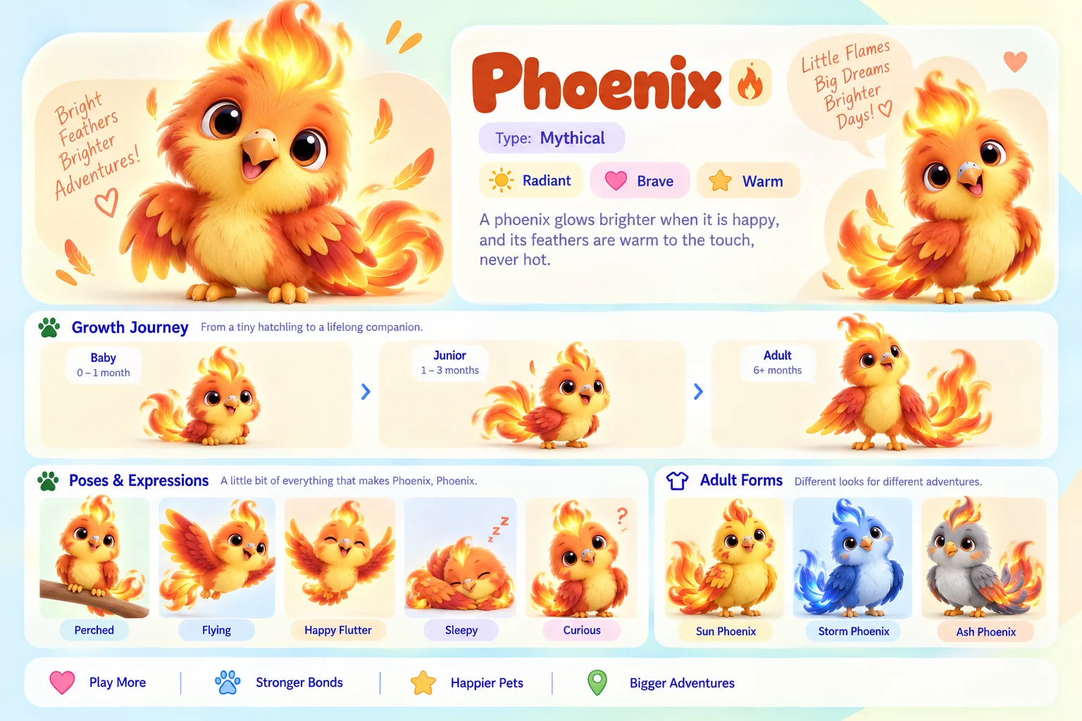 Phoenix's character sheet: how it grows from baby to adult, five poses and its three adult forms, Sun Phoenix, Storm Phoenix and Ash Phoenix