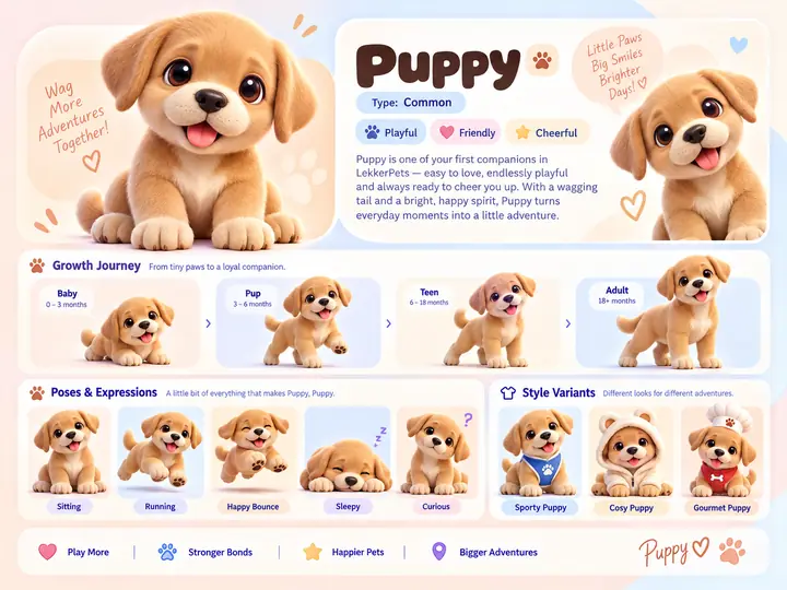 Puppy's character sheet: a golden, floppy-eared puppy, described as playful, friendly and cheerful, growing from baby to adult, in five poses and in its Sporty, Cosy and Gourmet looks