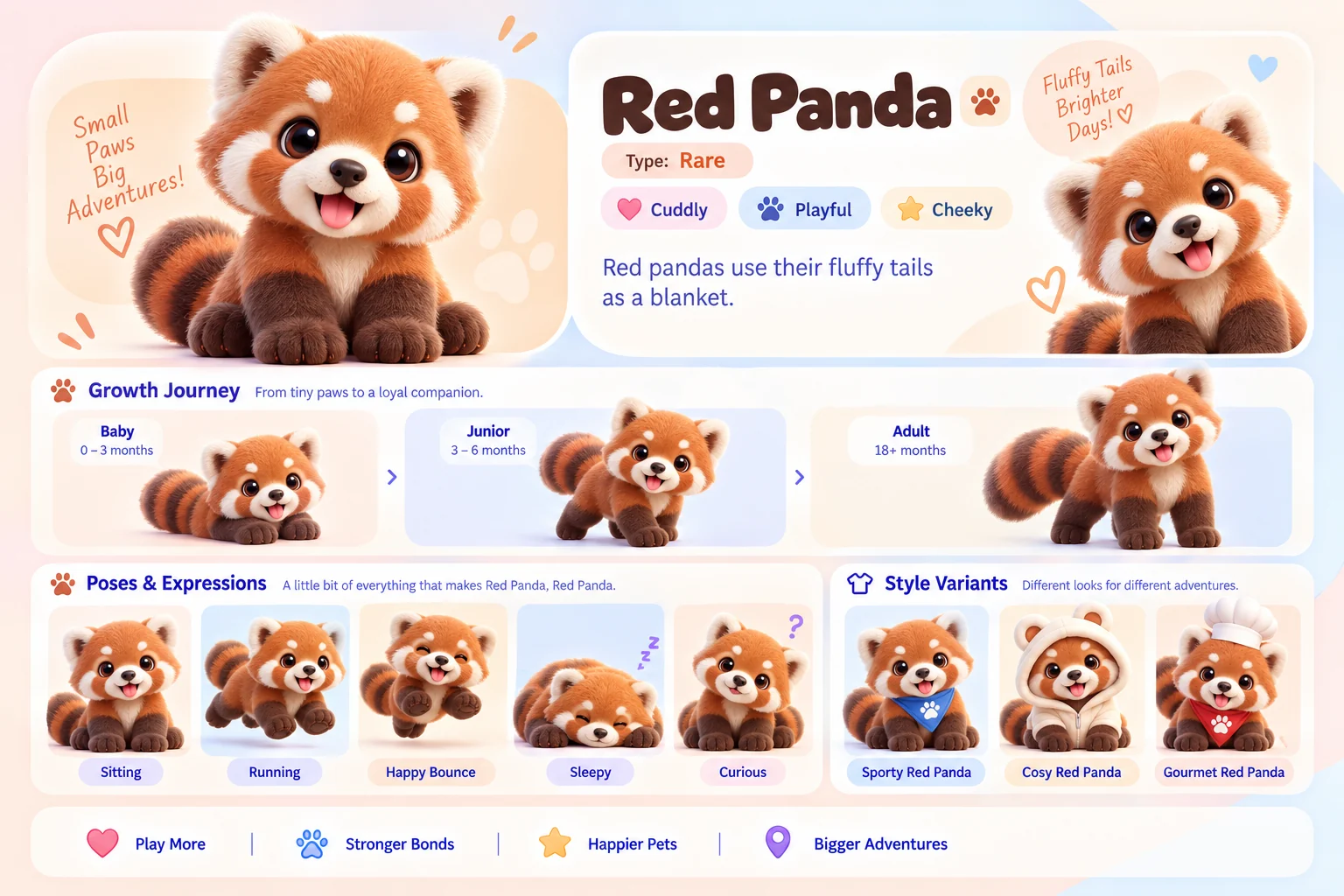 Red Panda's character sheet: how it grows from baby to adult, five poses and its Sporty, Cosy and Gourmet looks