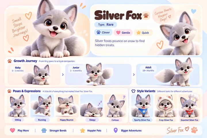 Silver Fox's character sheet: how it grows from baby to adult, five poses and its Sporty, Cosy and Gourmet looks