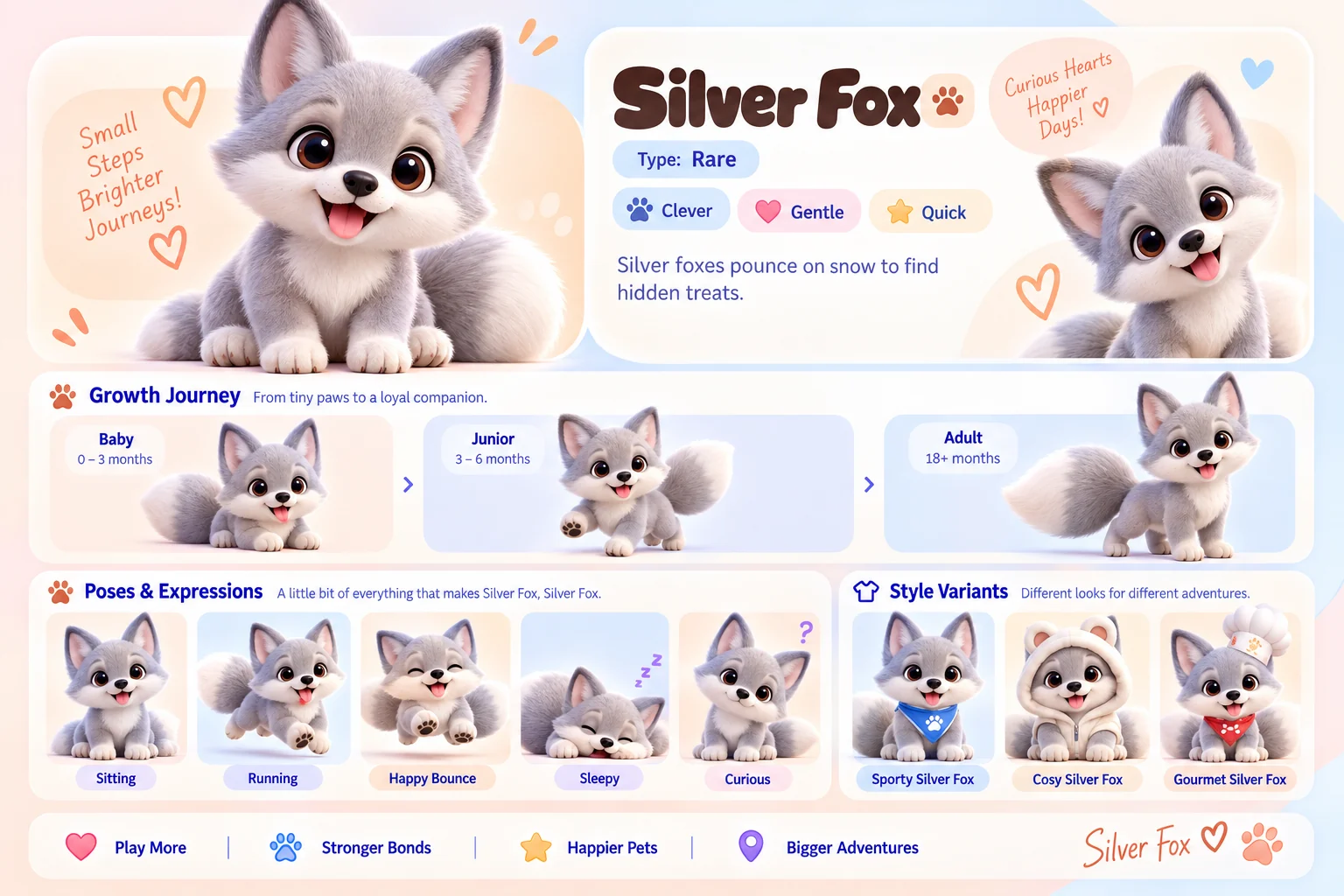 Silver Fox's character sheet: how it grows from baby to adult, five poses and its Sporty, Cosy and Gourmet looks