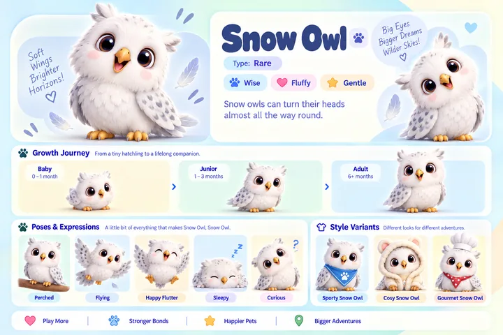 Snow Owl's character sheet: how it grows from baby to adult, five poses and its Sporty, Cosy and Gourmet looks