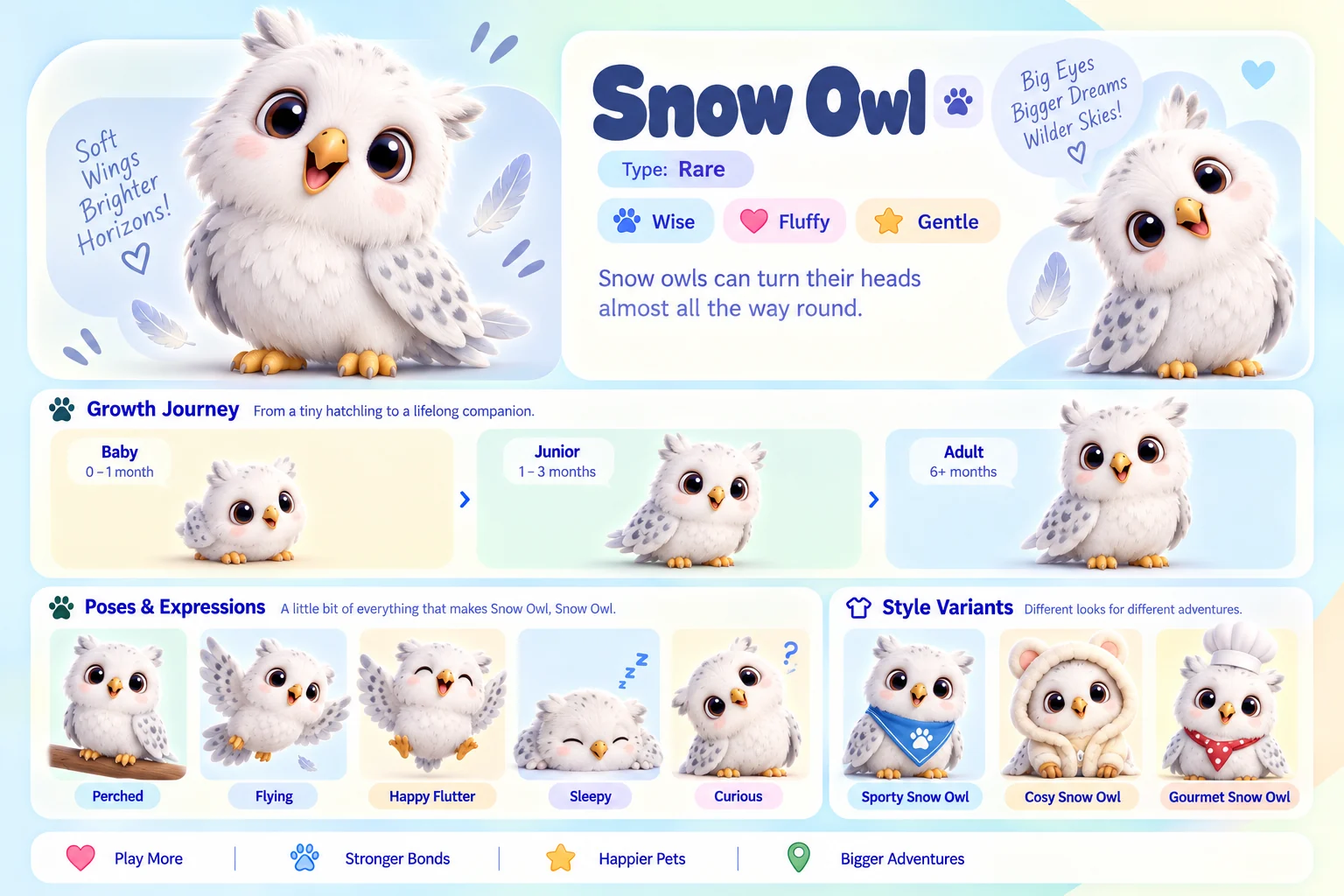 Snow Owl's character sheet: how it grows from baby to adult, five poses and its Sporty, Cosy and Gourmet looks