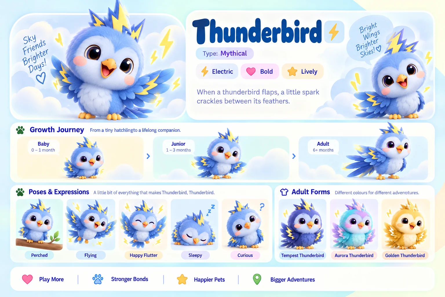 Thunderbird's character sheet: how it grows from baby to adult, five poses and its three adult forms, Tempest Thunderbird, Aurora Thunderbird and Golden Thunderbird