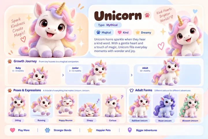 Unicorn's character sheet: how it grows from baby to adult, five poses and its three adult forms, Rainbow Unicorn, Moon Unicorn and Blossom Unicorn