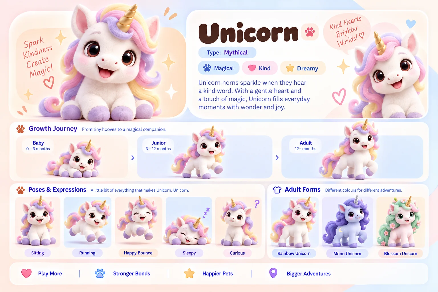 Unicorn's character sheet: how it grows from baby to adult, five poses and its three adult forms, Rainbow Unicorn, Moon Unicorn and Blossom Unicorn