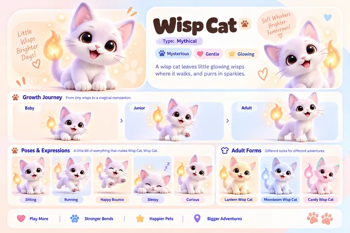 Wisp Cat's character sheet: how it grows from baby to adult, five poses and its three adult forms, Lantern Wisp Cat, Moonbeam Wisp Cat and Candy Wisp Cat