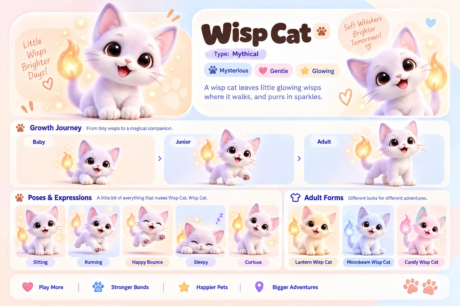 Wisp Cat's character sheet: how it grows from baby to adult, five poses and its three adult forms, Lantern Wisp Cat, Moonbeam Wisp Cat and Candy Wisp Cat