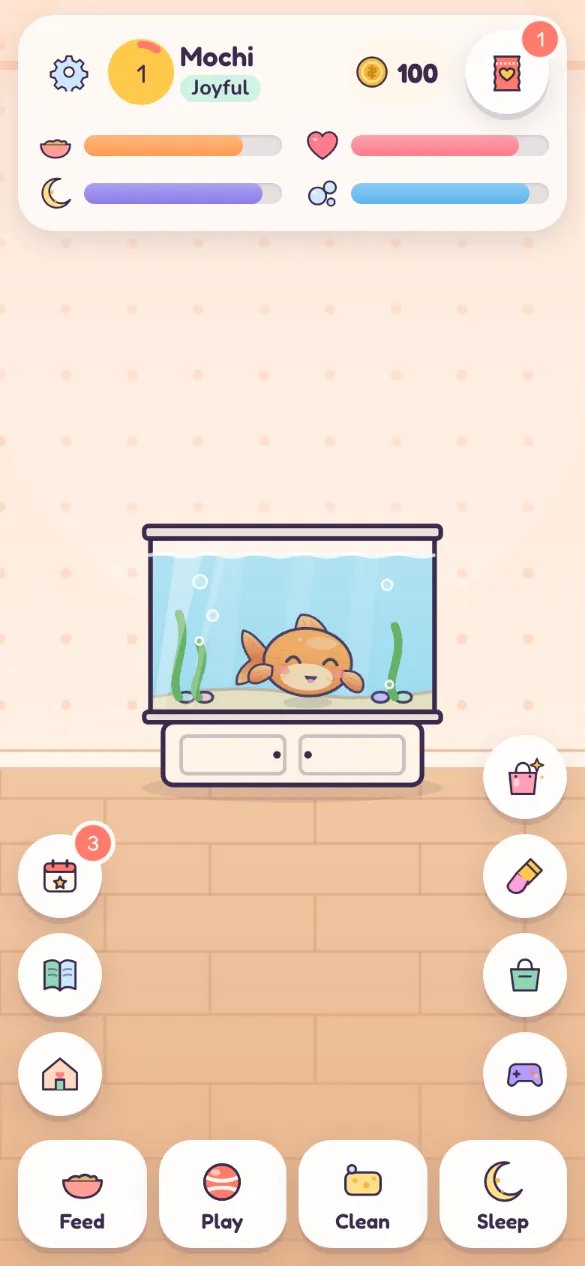 A pet at home with its care bars and buttons