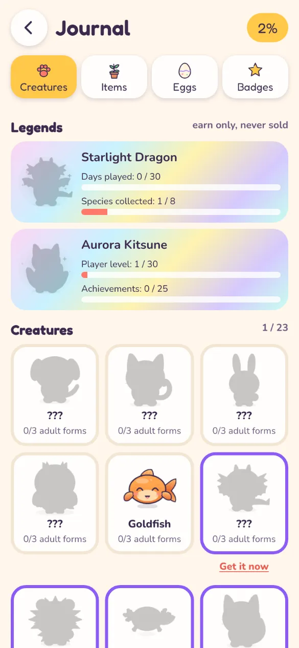 The Collection Journal with Legends and creatures to find
